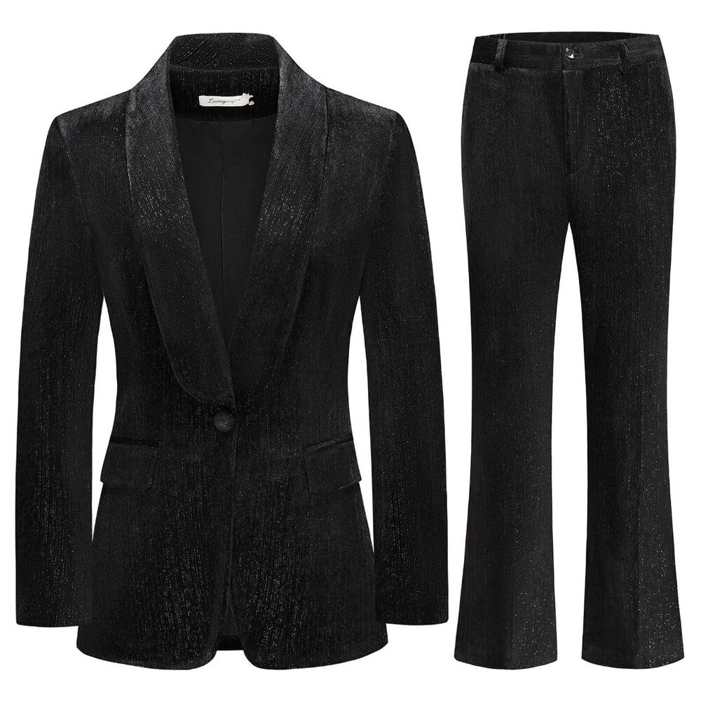 Velvet Shawl Lapel Blazer Flared Pants Suit Set Women's Dressy